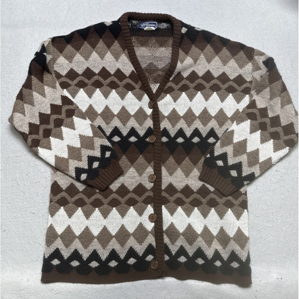 J Browne USA Geometric Chevron Argyle Cardigan Sweater Size L Granny Cottagecore